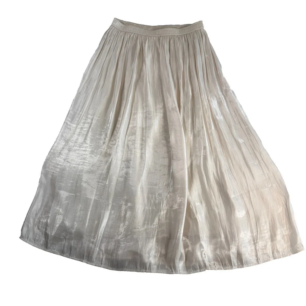 Shimmery Ivory Satin Maxi Skirt Sz M‎ Elastic Waist Flowy Bridal Romantic Fairy